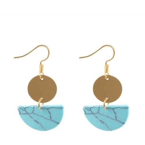 Light Yellow Gold Color Alloy Half Round Green Turquoises Stone Drop Earrings for Women Charm Jewelry