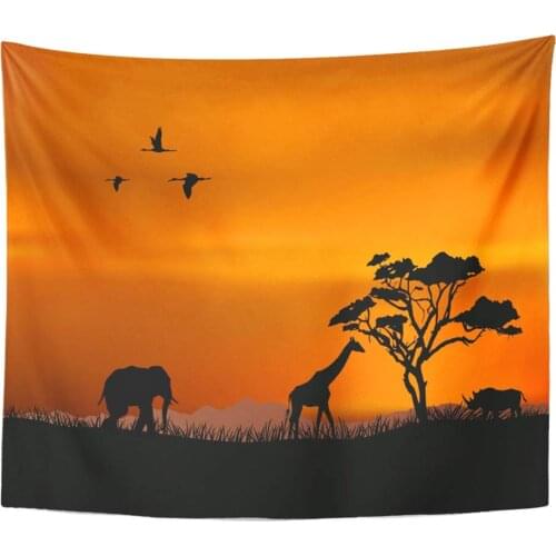 Artwork Wall Hanging Orange Safari African Nature Red Africa Silhouette Sunset South Savannah Tree Animal 50x60 Inches Tapestrie