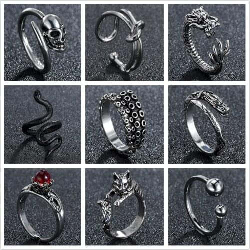 Vintage Gothic Punk Rock Animal Exaggerated Rings for Men Personality Stereoscopic Opening Adjustable Ring Night Club Jewelry