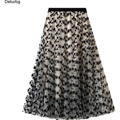 Womens Dot Ditsy Floral Flocking Midi Long Skirt Female Vintage High Waist Pleated 3 Layer Mesh A-Line Skirts 2021 Autumn Sk898