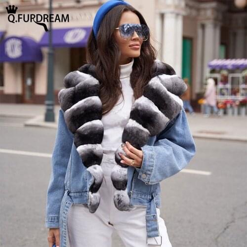 Q.FURDREAM New 2021 Trendy Denim Jacket With Women Winter Real Rex Rabbit Fur Turn-down Collar Elegant Luxury Fashion Overcoats