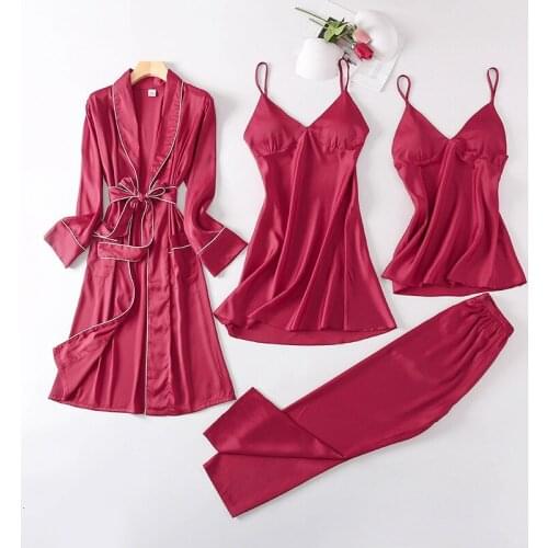 Ice Silk Sexy 4 Pcs Women Pajamas V Lead Spaghetti Strap With Belt Cardigan Trousers Set Sleepwear