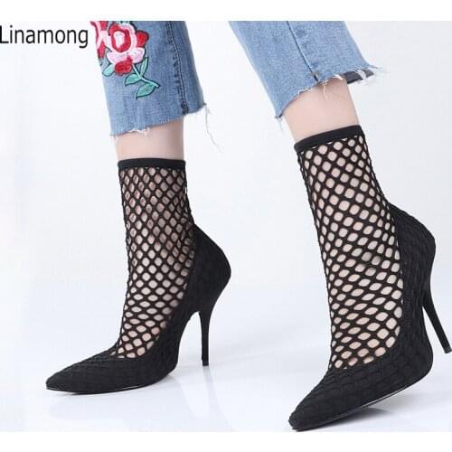 Sexy Fishnet Sock Pointed toe Ankle Boots Summer Slim Leg Slip on Stiletto High Heels Women Fashion Street Boots Shoes Woman