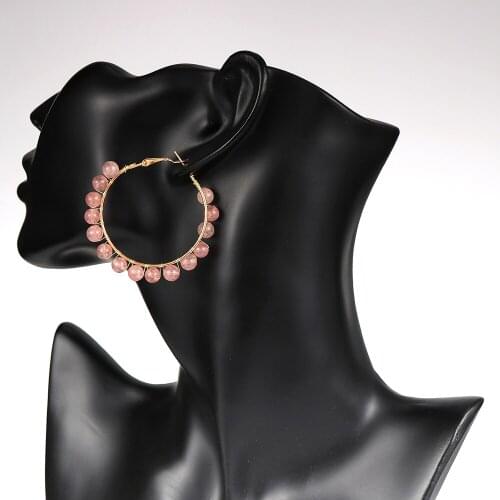 BOHO Natural Stone Pink Crystal Hoop Earrings Fashion Big Circle Hoops Statement Loop Earrings for Women Party Jewelry Gold