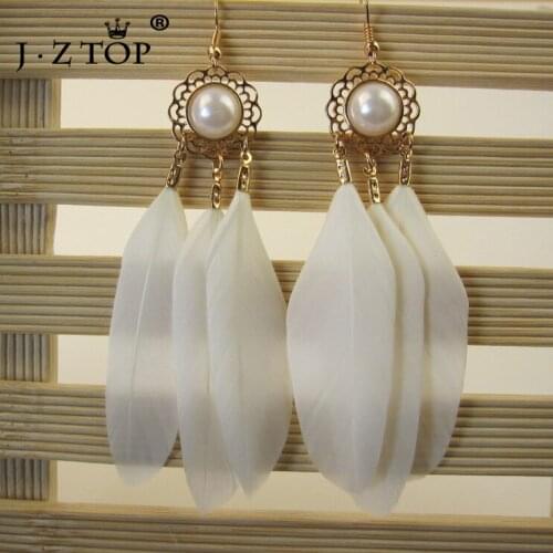Bohemia Crystal Flowers Feather Drop Earrings Vintage Metal Hollow Long Earring Round Imitation Pearl Earrings For Women Jewelry