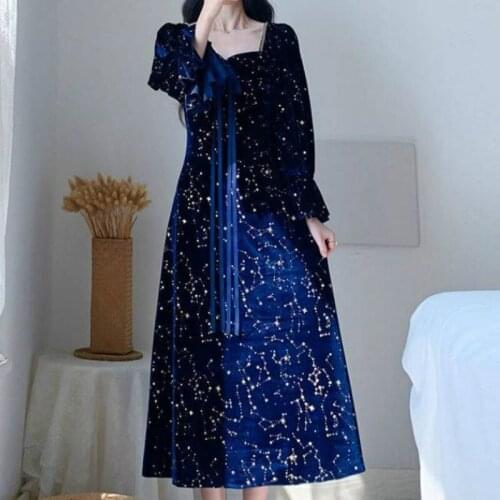 Spring/Autumn French Vintage Courtly Style Sweet Girl Gentle Fairy Golden Velvet Blue Starry Sky Elegant All-Match Woman Dress