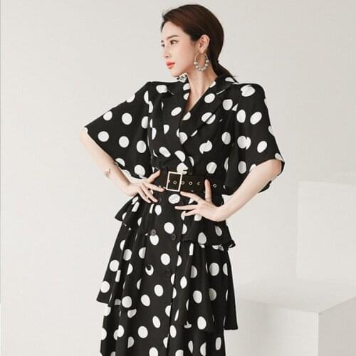 Summer Elegant Office Ladies Dot Print Layered Ruffles Double Breasted Robe Notched Collar Short Sleeve Belt Slim A Line Dress