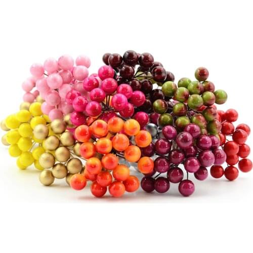 20pcs 40heads Mini Plasti Fake Fruit Small Berries Artificial Flower Cherry Bouquet Stamen Wedding Home Christmas Decorative