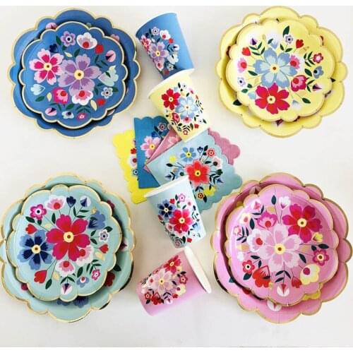 40PCS Wedding Party Disposable Tableware Gilding Flower Paper Cup Plates Baby Shower Birthday Party Decoration Supplies