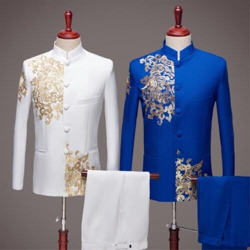 Blazer men Chinese tunic suit set with pants mens wedding suits singer star style dance stage cloth Chinese style formal dress