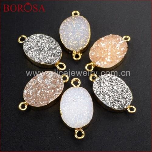 BOROSA Druzy Jewelry 10 pcs Oval Rainbow Natural Crystal Druzy Titanium Druzy Connector Double Bails G1073