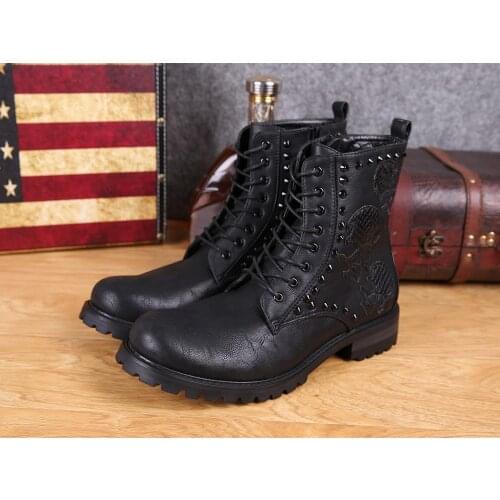 Christia Bella Italian Style Men Round Toe Lace Up Boots Black Real Leather Motorcycle Rivet Men Short Boots Man Classic Boots