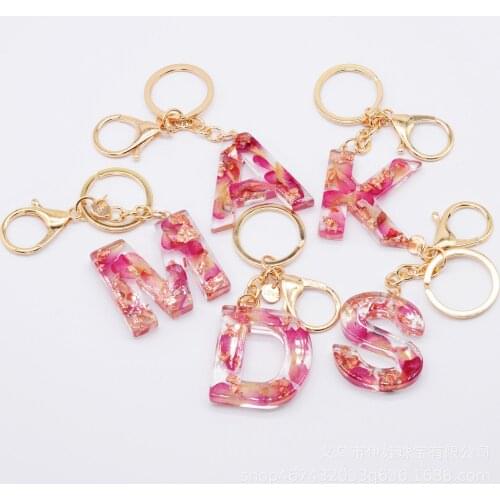 Keychains Resin Letters Inside with Real Flower Ring Women Cute Car Acrylic Foil Glit Keyring Holder Charm Bag Couple Bag Gifts