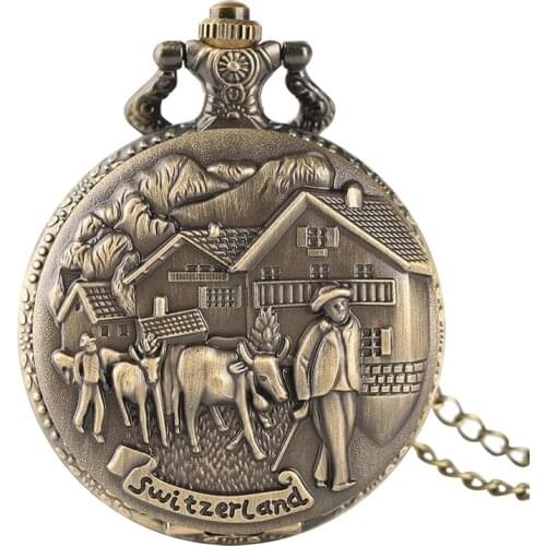 Bronze Switzerland Sculpture Design Quartz Pocket Watch FOB Chain Watch Vintage 3D Market Theme Quartz Pendant Necklace Clock