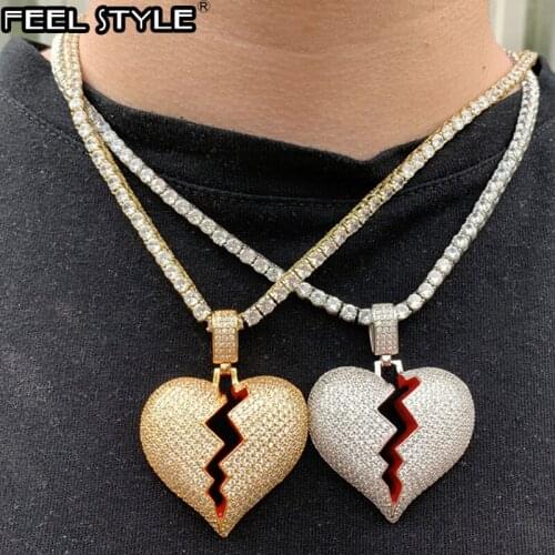 Bling Iced Out Tennnis Chain Zircon Copper Full Rhinestone Rope Chain Broken Heart Pendant & Necklace For Men Hip Hop Jewelry
