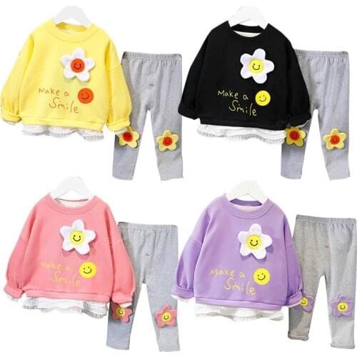 Girls Cotton Top + Pants Suit Casual Cute Flower Pullover Set Children Active Wear Gifts For Daughter Baby Clothing Outfit