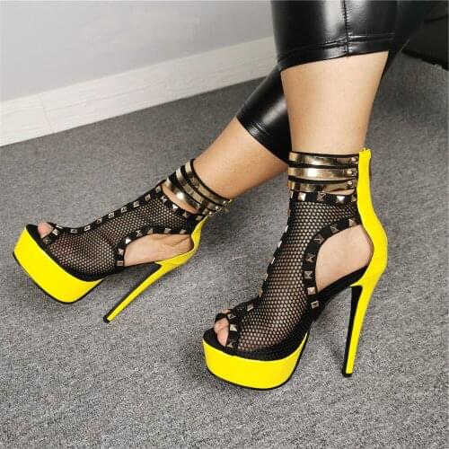 Dovereiss Fashion Summer Womens Shoes Sexy Mesh Waterproof Femmes Rivets Party Shoes Stilettos Heels Sandals Back zipper 35-47