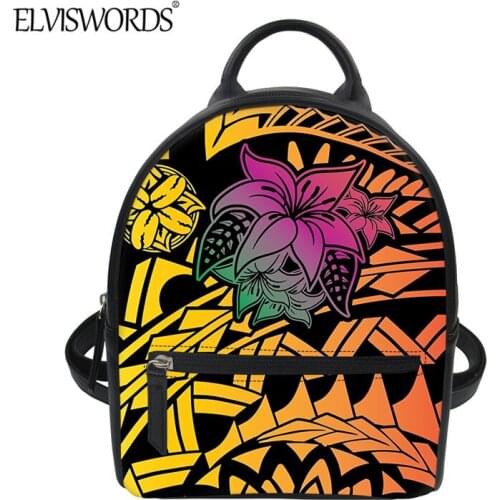 ELVISWORDS Gradient Polynesian Flowers Print Backpack Women Girls Casual Travel Pack Mini PU Bag 2021 Fashion New mochila
