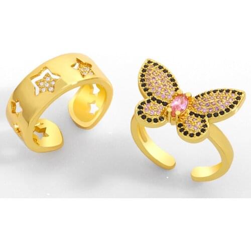 FLOLA Micro Pave Butterfly Cut Rings For Women Gold Vermeil Hollow Star Cuff Open Ring Adjustable Zirconia Jewelry Gifts rigK12