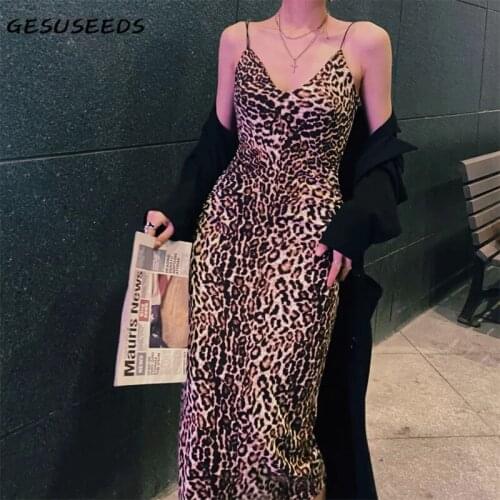 Summer dress women vintage leopard print dresses sexy v neck midi dress elegant spaghetti strap dresses slim boho dress korean
