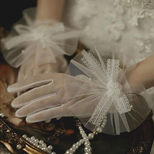 Summer Women Elegant Thin Short Transparent Mesh Pearl Etiquette Dress Mittens Bow Lace UV Sunscreen Cycling Driving Gloves K70