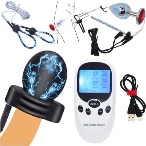 SM Electric Shock Glans Trainer Massage Cup Male Masturbation Anal Plug Urethra Stimulation Rod Penis Ring Charge Host Sex Tools