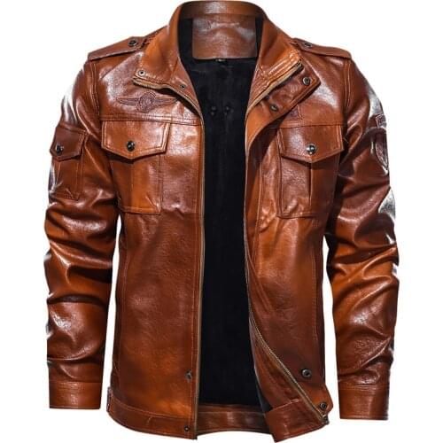 2020 New Fashion Mens Leather Jacket Military Chest Big Pockets Brown Leather Jacket Men Zipper Motocycle Jacket Plus Size Coats