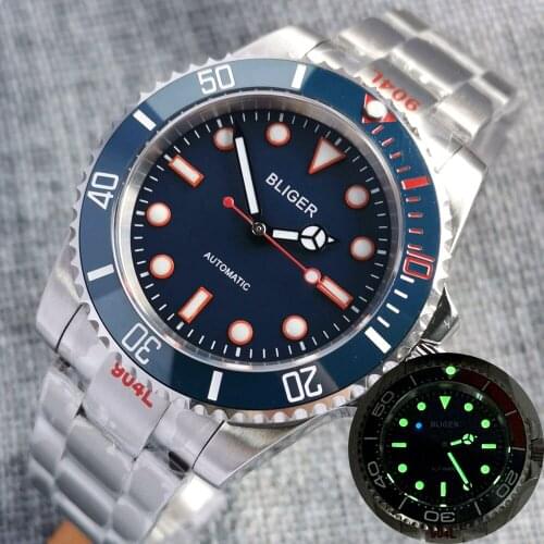 BLIGER SUB Blue MIYOTA 8215 Men Watch Selfwinding Wristwatch Red Second Hand Brushed Oyster Band Glide Lock Green Luminous