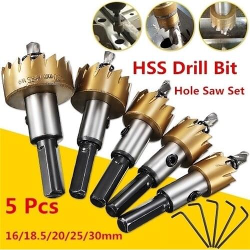 New 5PCS Carbide Tip HSS Drill Bit Hole Saw Set with 5 Wrench Stainless Steel Metal Alloy 16/18.5/20/25/30mm