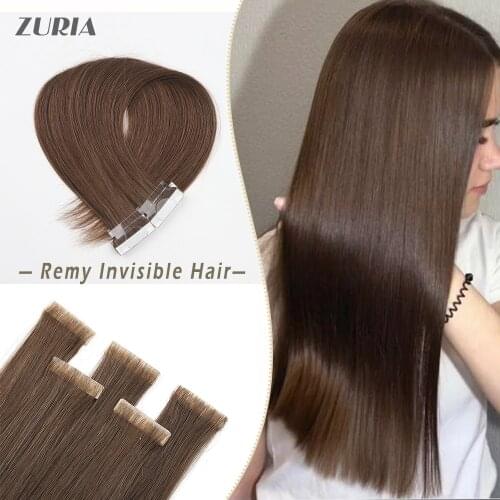 ZURIA Tape in Human Hair Extensions Straight PU Skin Weft Real Natural Glue Hair 16"20"22" 100% Hand Tied Remy Tape Hair