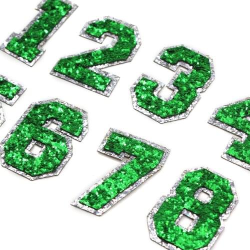 1Pcs Glitter Number Patches 0-9 Green Sequins Patch For Clothes English Alphabet Iron On Patches Clothes Stickers DIY Name Badge