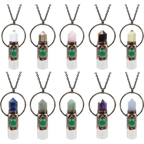 Natural antique copper Perfume Bottle Gems Pendant Crystal Quartz Roll On Diffuser For Women antique bronze Vial Necklce Jewelry