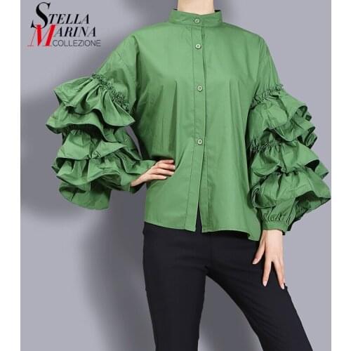 * New 2021 Solid Green Black White Woman Summer Oversized Blouses Long Sleeve With Ruffle Girls Shirt Style chemise femme MJ319M