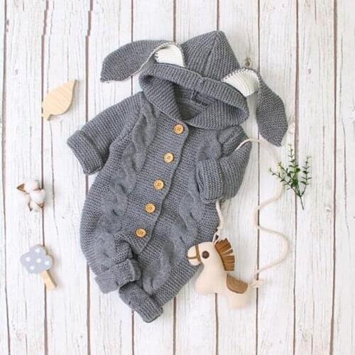 2020 New Baby Girl Romper Winter Rabbit Toddler Long Sleeve With Ears Hooded Solid Button Knit Boys Jumpsuits Baby Ropa Outfit