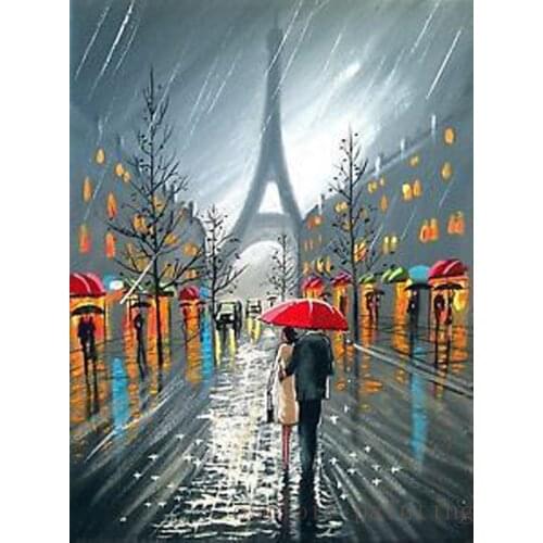 Handmade Abstract Fine Art Paris Downpour Red Umbrella Tower Couple Love Rain Streetscape Handpainted Landscape Oil Painting