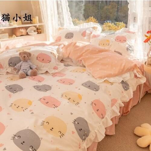 Simple Embroidery Lace Home Bedding Set Cartoon Printed Cotton Bedding Cute Duvet Cover Plaid Bed Linen Kawaii Bedding