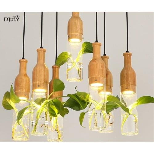 Japanese style wood glass bottle pendant lights for coffee kitchen dining room flower pot hanging lamp loft decor led luminaire