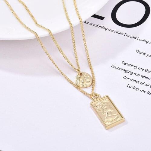 Retro Square Portrait Embossed Double Layer Necklace Women Clavicle Chain Korean Metal Necklace Hip Hop Street Accessories