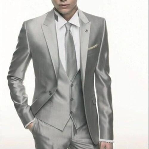 Silver Grey Satin wedding Men Suit 2018 Formal Skinny Stylish Male Blazer Party Custom Tuxedo 3 Piece Vestidos mens suits