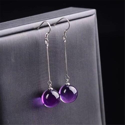 10mm Natural Purple Amethyst Drop Earrings For Women Lady Silver Sterling Love Gift Crystal Round Beads Gemstone Jewelry AAAAa