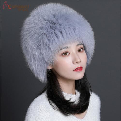 Real Fox Fur Caps Real Winter Fancy Fur Caps Elastic Knitted Lined Genuine Fox Fur Raccoon Russian Bomber Caps