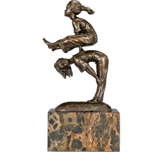 Girls Playing Vault Bronze Statue Sculpture Bronze Sport Children Figurine Marble Base Antique Art for Kids Gifts