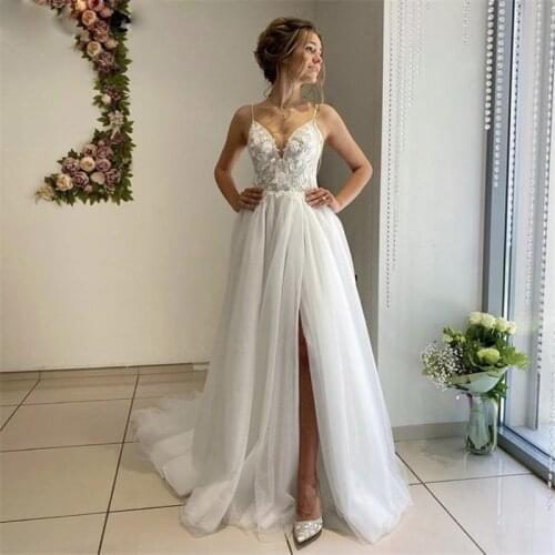 Boho Wedding Dresses with Slit Spaghetti Straps A-Line Appliqued Bride Dress Custom Made High Split Wedding Gown