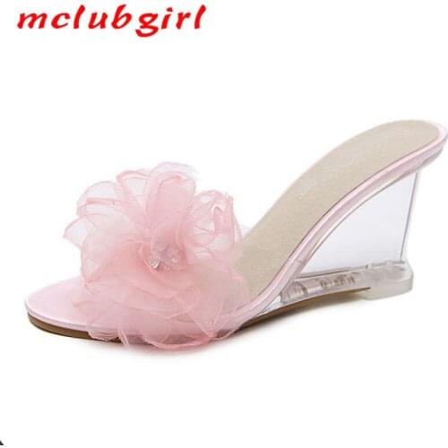 Mclubgirl Slope with Sandals Womens Summer New Sexy Crystal Transparent High-Heel Rhinestone Flower Wedge Sandals LFD