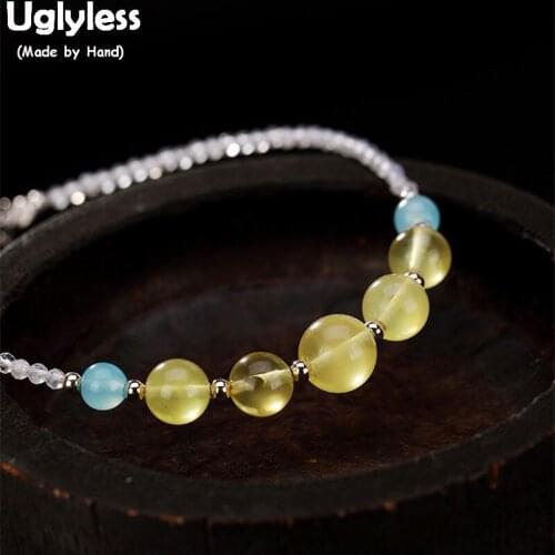 Uglyless Real 925 Sterling Silver Handmade Gemstones Beading Bracelets for Women Natural Amber Beads Bangle Crystal Fine Jewelry