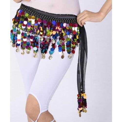 Women Belly Dance Waist Wrap Chains Bling Colorful Sequins Coins Hip Scarfs Chiffon Belly Dance Hip skirt Belt for Performance