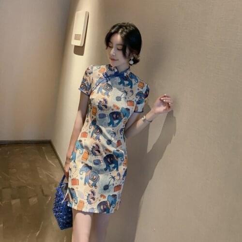 2019 Summer Flower Print Vintage Cheongsam Dress Bodycon Party Dress Women Short Sleeve Mandarin Collar Slim Elegant Dresses