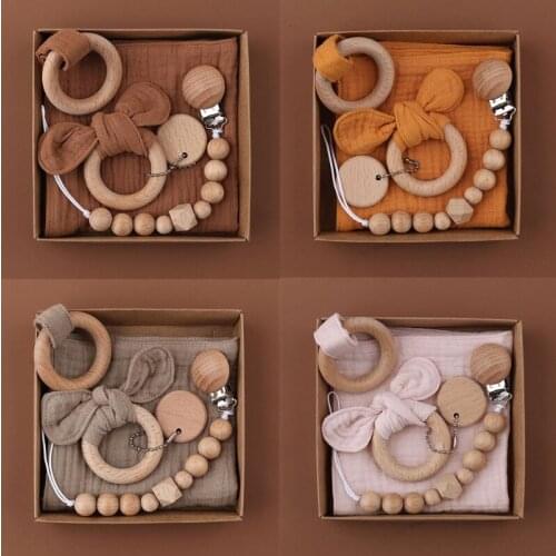 1 Set Pacifier Clips Chain Cotton Baby Bibs Teether Saliva Towel Pacifier Chain Bunny Ear Wooden Baby Gym Ring Teething Bracelet