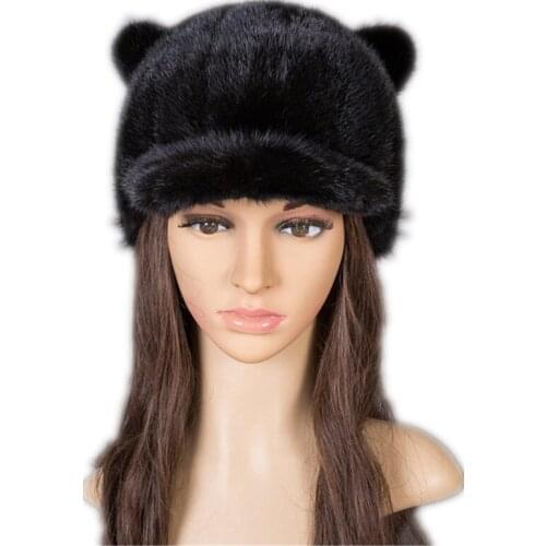 Real mink fur baseball caps with ears rabbit style warm full pelt black red gray brown winter autumn fashion fur hats H124