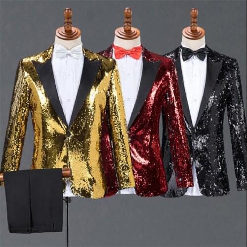 Blazer men groom suit set with pants singer fashion mens sequins suits costume star style stage clothing formal dress gold red